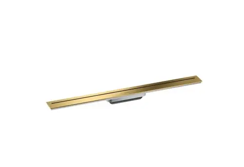 Duschrinne in schmaler, eleganter Form mit polierter Goldoptik, hergestellt von AXOR. Sie ist für eine moderne Baddesigns geeignet und fügt sich nahtlos in den Raum ein.